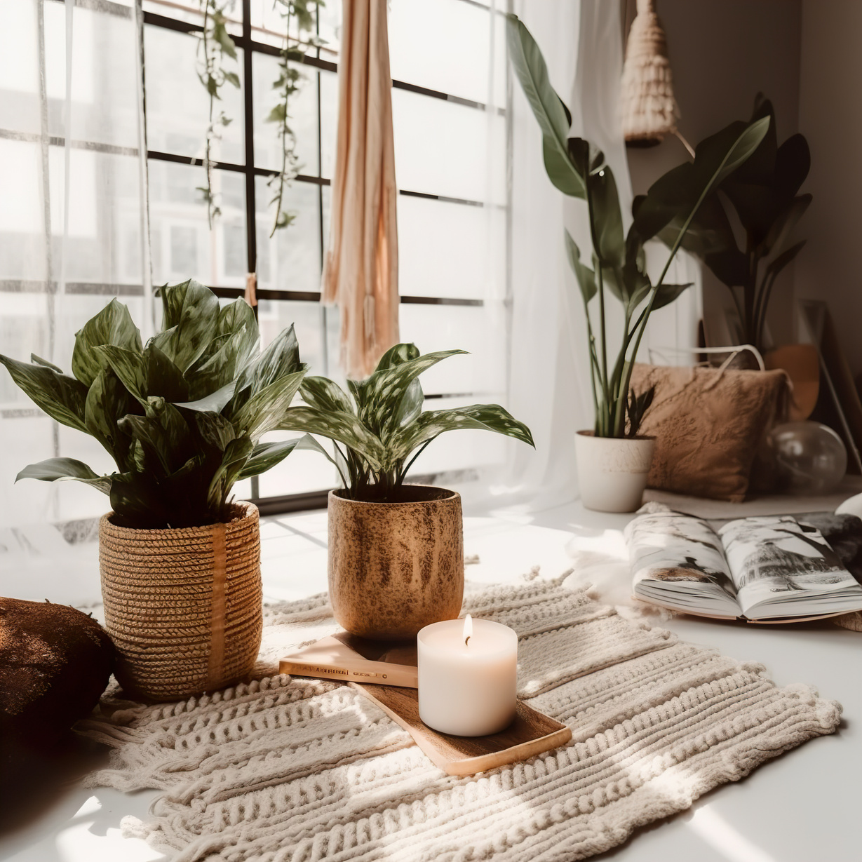 Boho Styled Room Interior with Houseplants